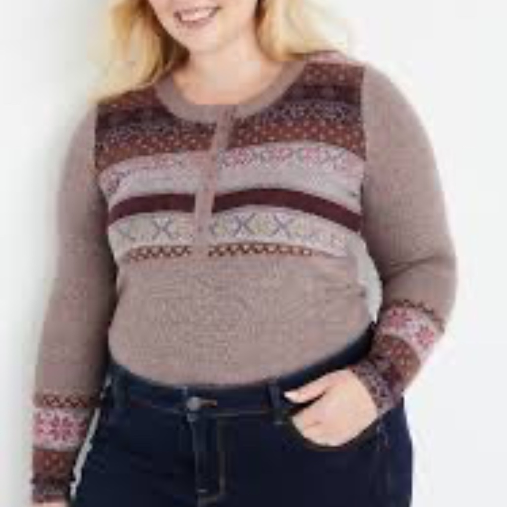 👚 Lane Bryant 24/7 Brown Fair Isle Heartland Henley Tee – Size 4X 👚 - Picture 2 of 9